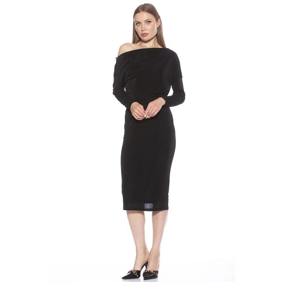 Alexia Admor Leena Draped One Shoulder Midi Dress Black Medium - Picture 1 of 9